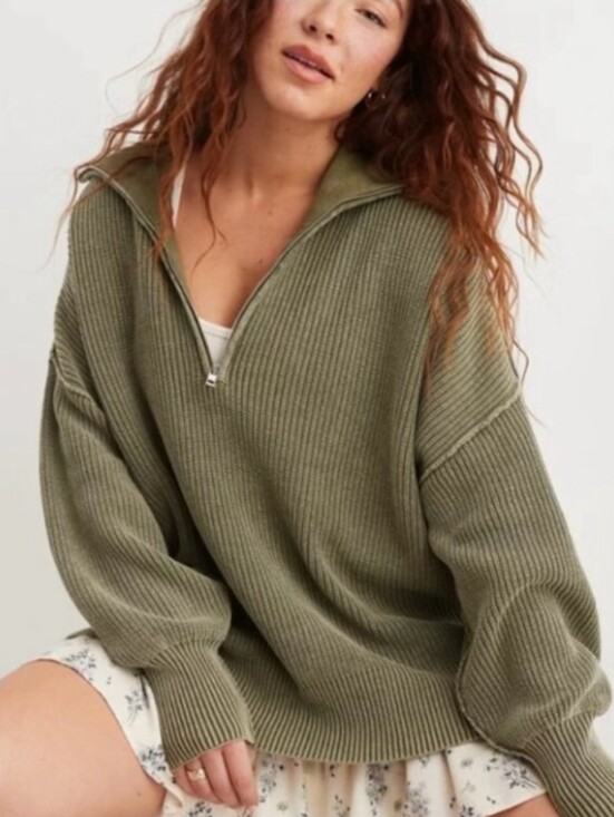 aerie Sweaters - Aerie Beyond Olive Green Oversized Quarter Zip Ribbed Knit Sweater S As Is